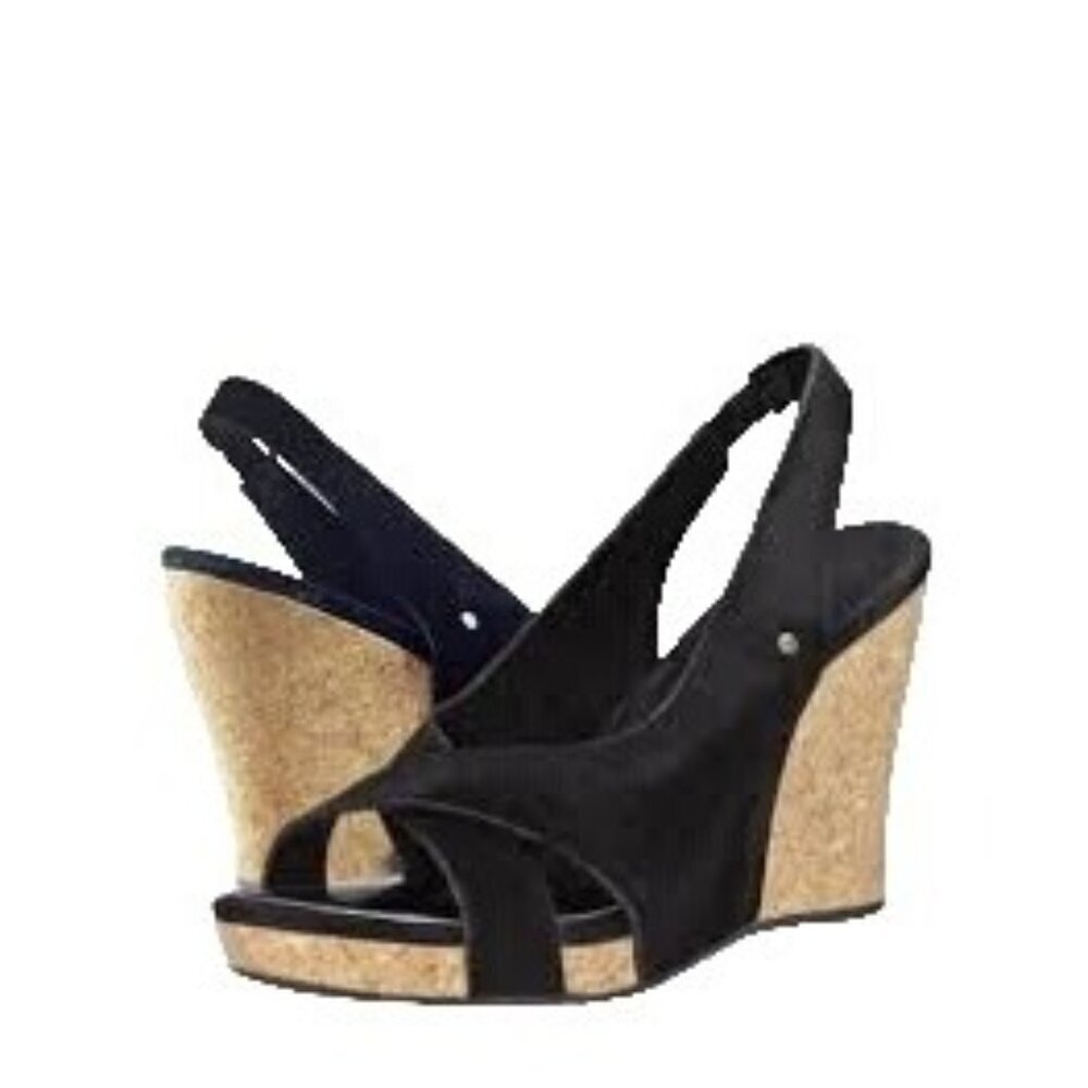 UGG Hazel Criss Cross Black Suede Cork Wedge Slingback‎ Sandals Boho Size 6